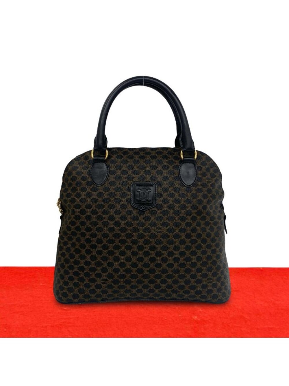 Celine Vintage Macadam Blason Pattern Leather Round Zip Tote Bag Black Brown
